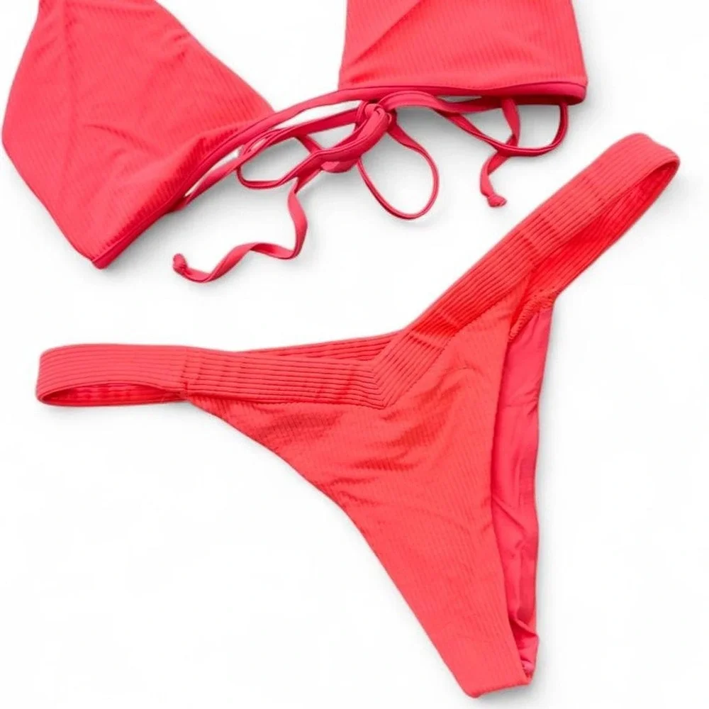 Frankies Bikinis Coral Pink Halter Bikini Set Cheeky Bottoms Sz Large Swimsuit